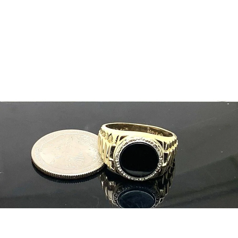 Rolex Style Ring 10k Yellow Gold Diamond Onyx Statement Cocktail Men's S…